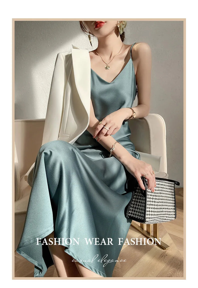 Sexy Solid Color Camisole Nightgown for Women Midi Length Sleeveless Slip Dress Inner Layer Base Dress Home Sleepwear Nightwear