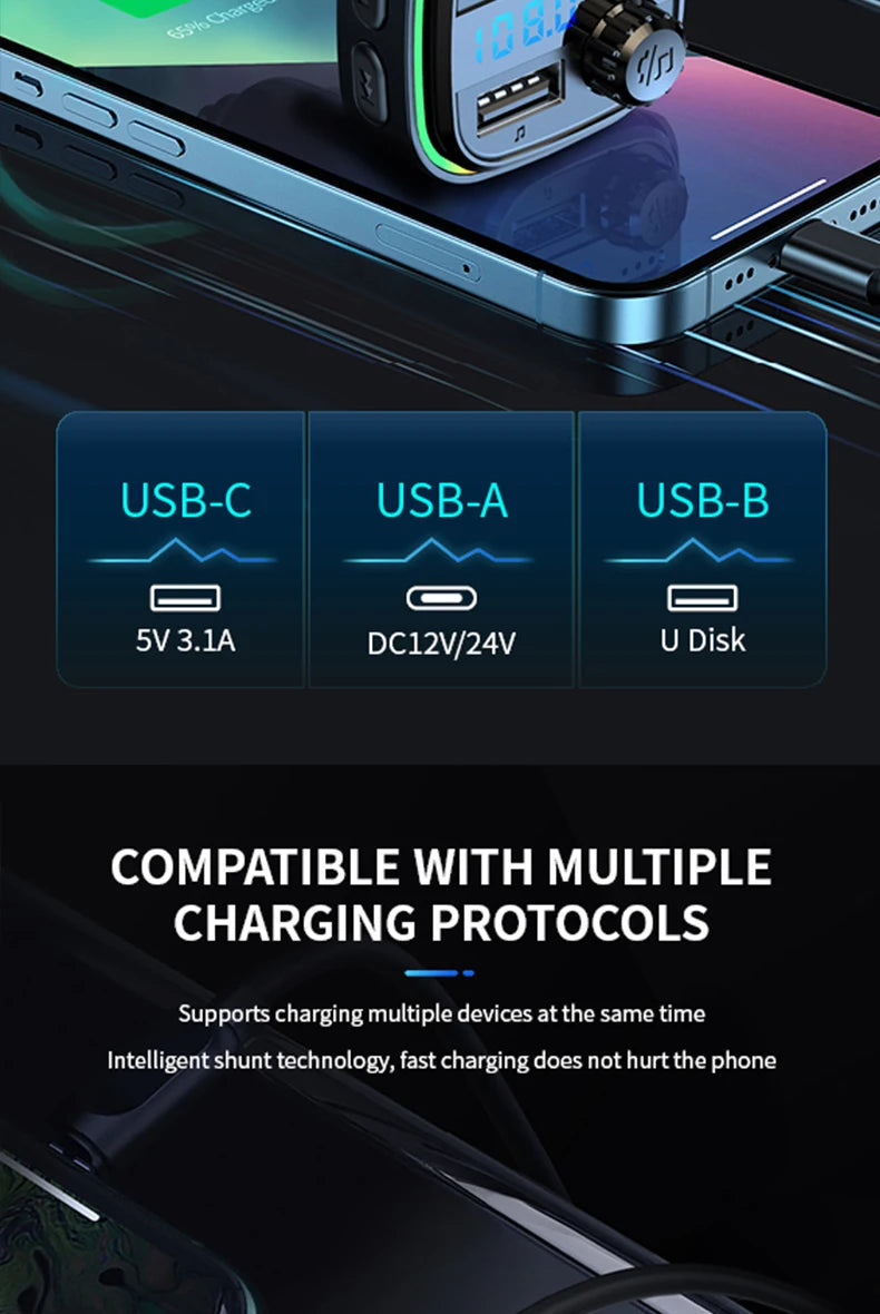 Newest C26 Bluetooth 5.0 FM Transmitter Handsfree Car Radio Modulator MP3 Player USB Super Quick Charge Adapter Car Accessories
