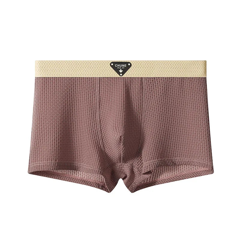 Summer Boxers Men'S Underwear Smooth Ice Silk Plaid Solid Panties Large Size Soft Breathable U Crotch High Elastic Underpants
