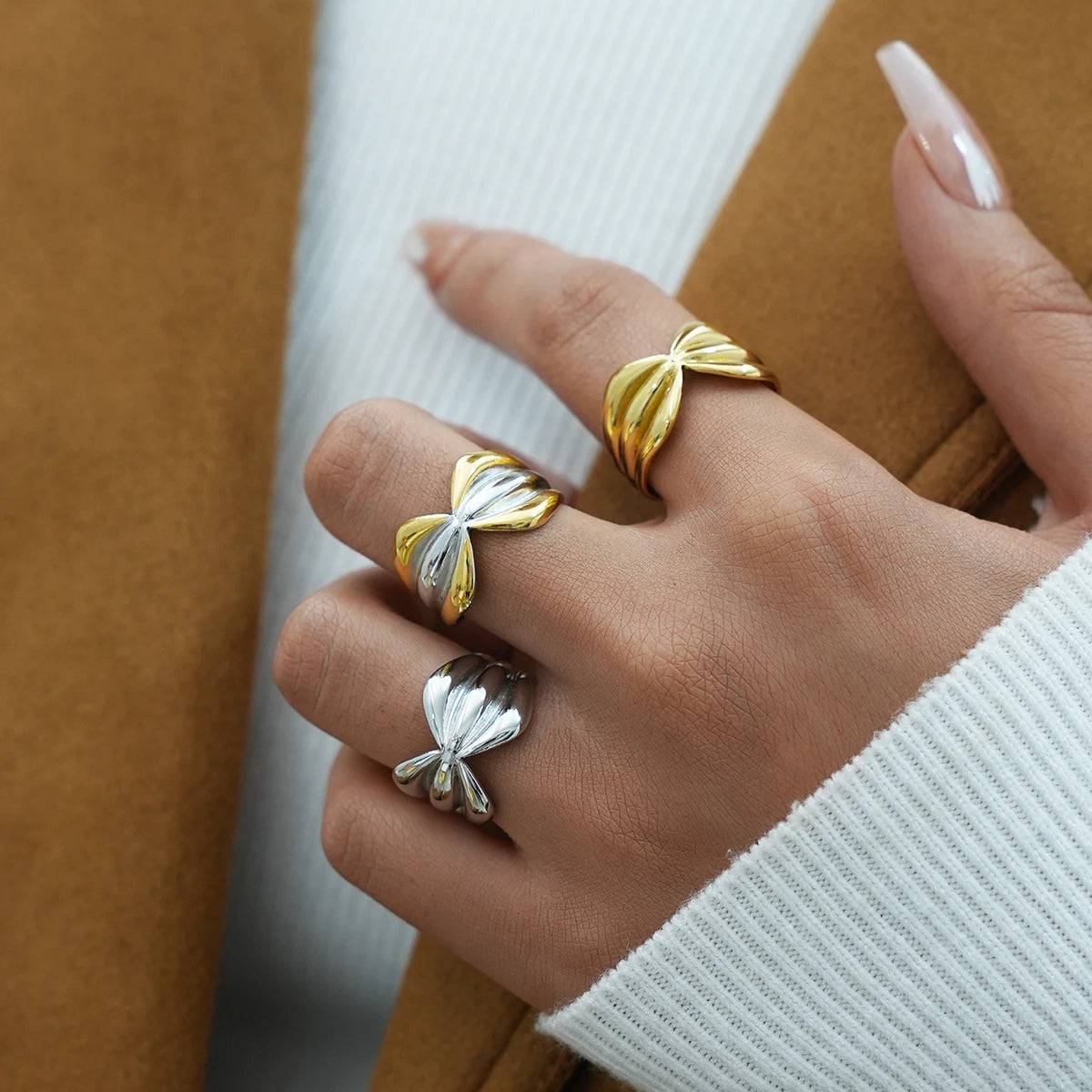 Stainless Steel Open Rings For Women'S 18K Gold Plated Fashion Couple Handmade Irregular Lines Ring Jewelry For Women'S
