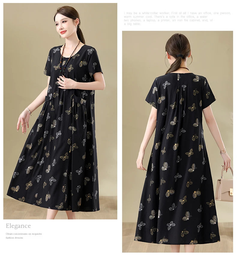 New Fashion Casual Summer Dresses For Women 2026 Loose Plus Size Clothes Elegant printting O-neck Short Sleeve Woman Clothing