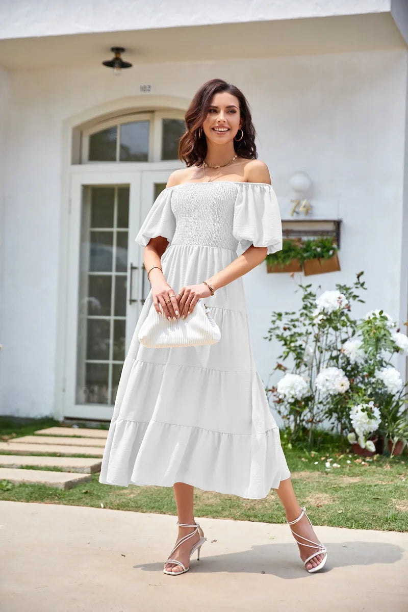 2026 Spring Summer Elegant Women's Long Dress Fashionable Solid Color Square Neck Puff Sleeve Pleated Slim Fit Loose Hem Dress