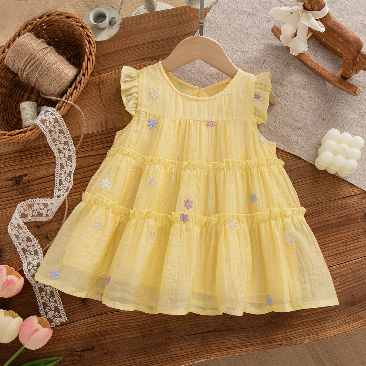 Baby Girl Floral Embroidery Dress - Summer Short Sleeve Crew Neck