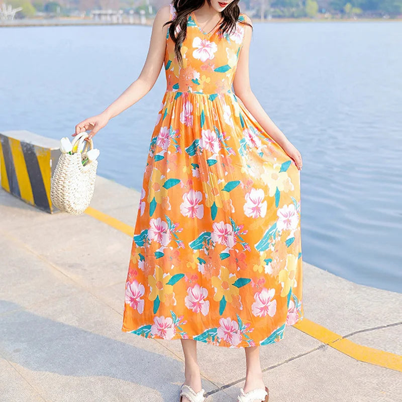 Spring Summer Dresses Fashion Female Sleeveless printed Casual Dress Women A-line Dresses Vestidos