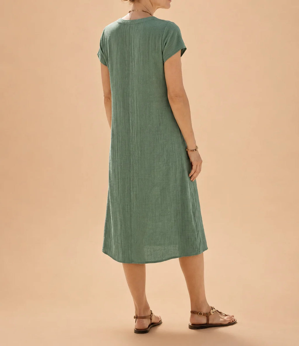 Casual Loose Polyester Crepe Dress V-Neck Short Sleeve Midi A-Line Skirt Women's Fashion Comfortable Leisure Cross-Border Style