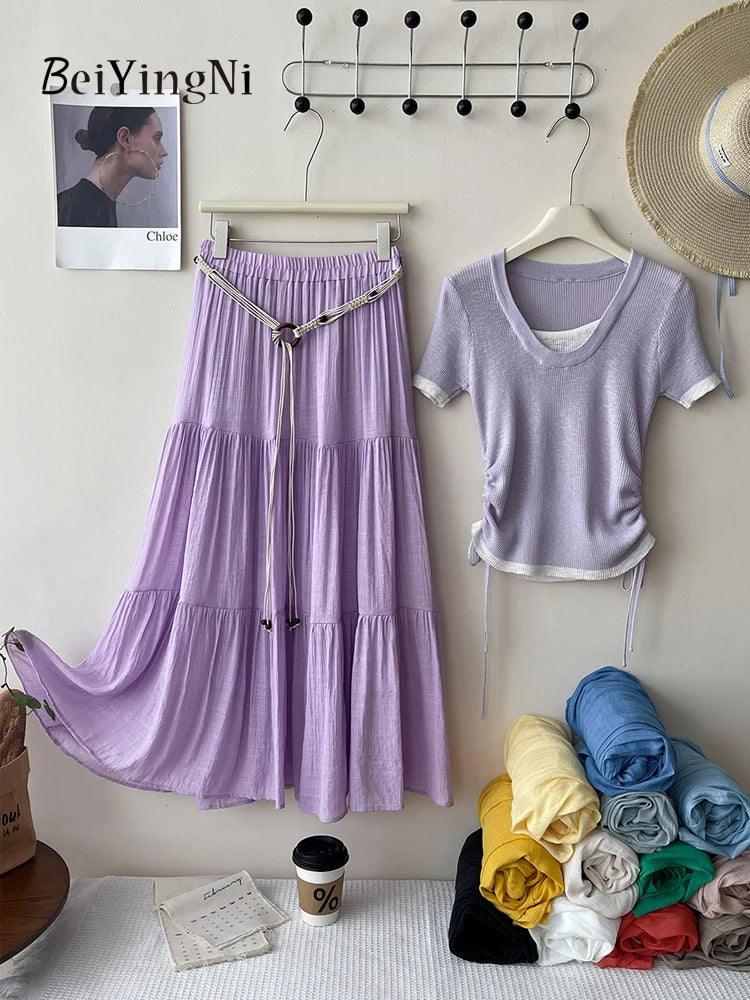 Beiyingni 2025 Summer French Women's Linen Cotton Maxi Skirts Casual Vintage Sashes Korean Long Cake Skirt Female Boho Vacation