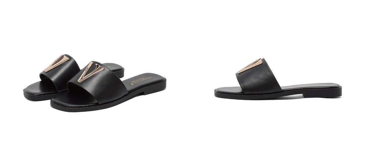Women's Metal Letter Decorative Flat Slippers - Casual Beach Shoes