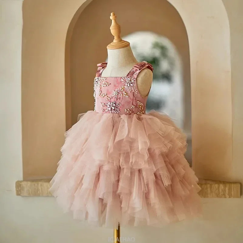 Party Dresses For Girls Vestido Children Pink Strapless Kids Tulle Tutu Gown Costume Dress Celebration Outfit Matching Birthday