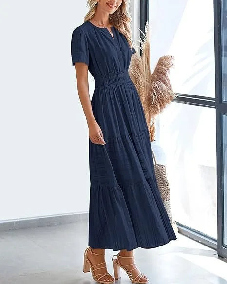 Summer Solid Color V-neck Tight Waist Dress French Style Elegant Pleated Large Swing Long Dress Casual Vacation Style Slimming M