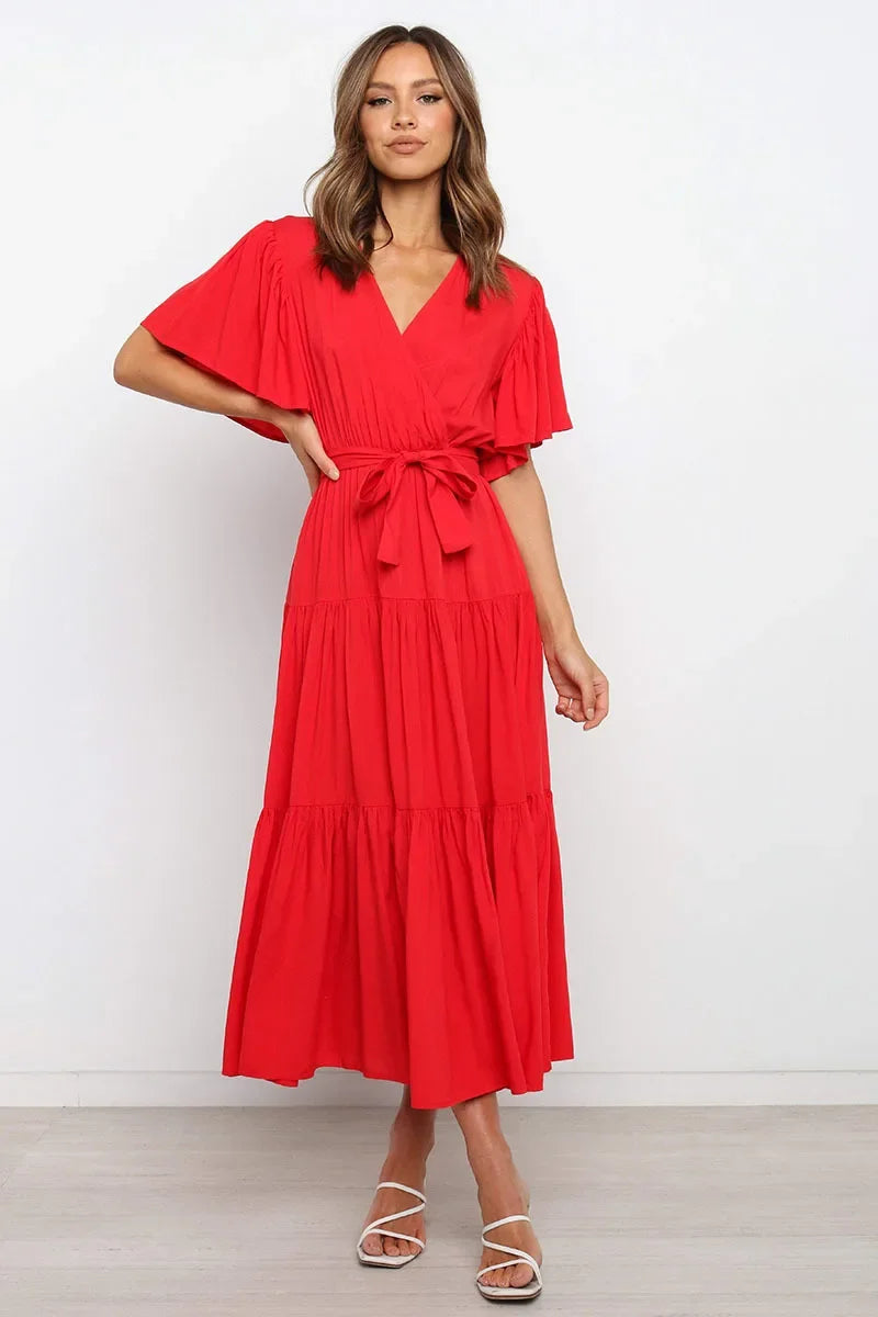 Summer Bohemian Long Dress Pure Color V-Neck Short Sleeve Empire Waist Design Floor Length with Belt Loose Fit Women's Dress