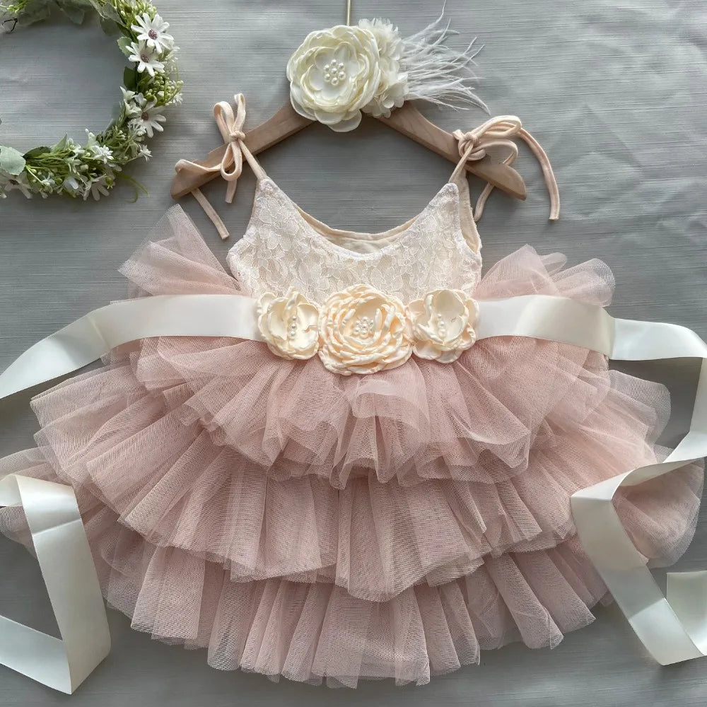 New Born Baby Girls Birthday Dress for Kids Flowers Girls Party Tutus Costume Belt Headband 3pcs Outfit Set Princess Vestidos