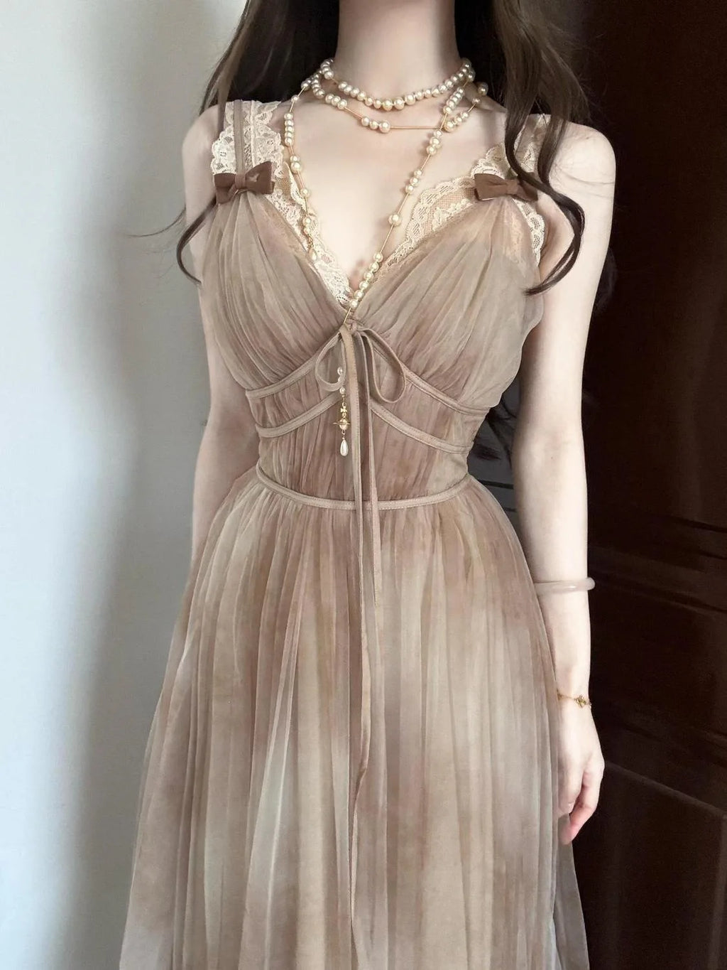 Chunshan Yuan Dai Lace Sleeveless Dress Net Collar Women's Summer New Style Casual Long Sleeve Dress with Inner Lace Shirt