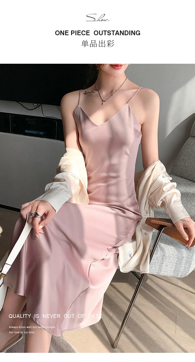 Sexy Solid Color Camisole Nightgown for Women Midi Length Sleeveless Slip Dress Inner Layer Base Dress Home Sleepwear Nightwear