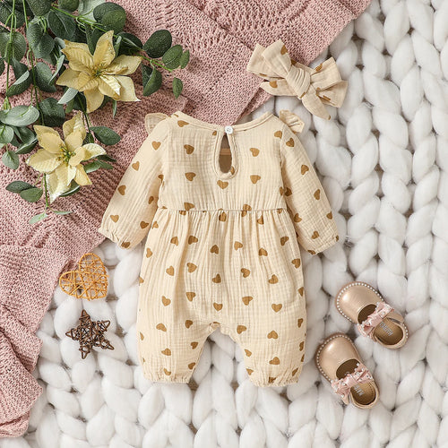 Baby Girls Cotton Jumpsuit With Bowknot Print Long Sleeve Summer Outfit For Daily Play