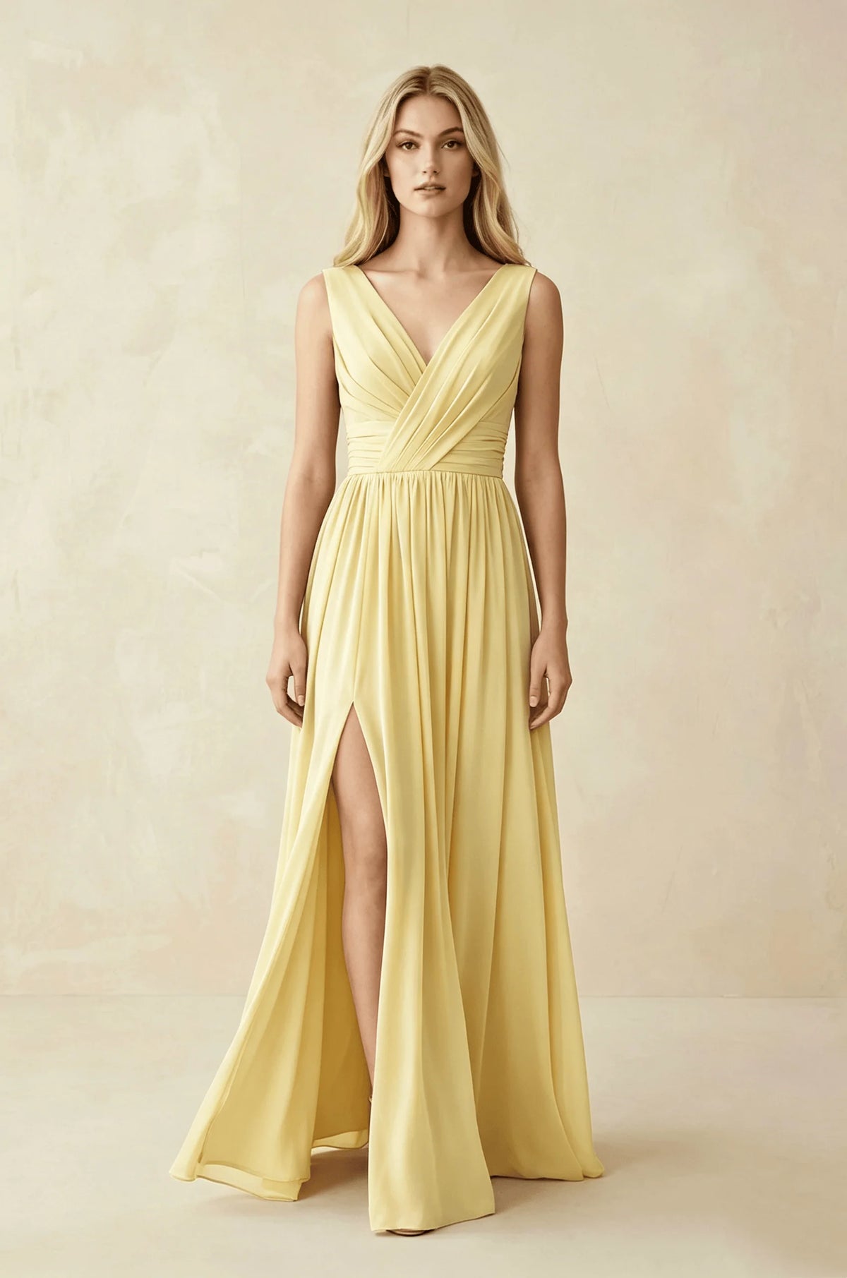 Sleeveless Deep V Neck Chiffon Formal Dress Ruched Empire Waist Front Split A‑Line Floor‑Length Bridesmaid Party Prom Dresses