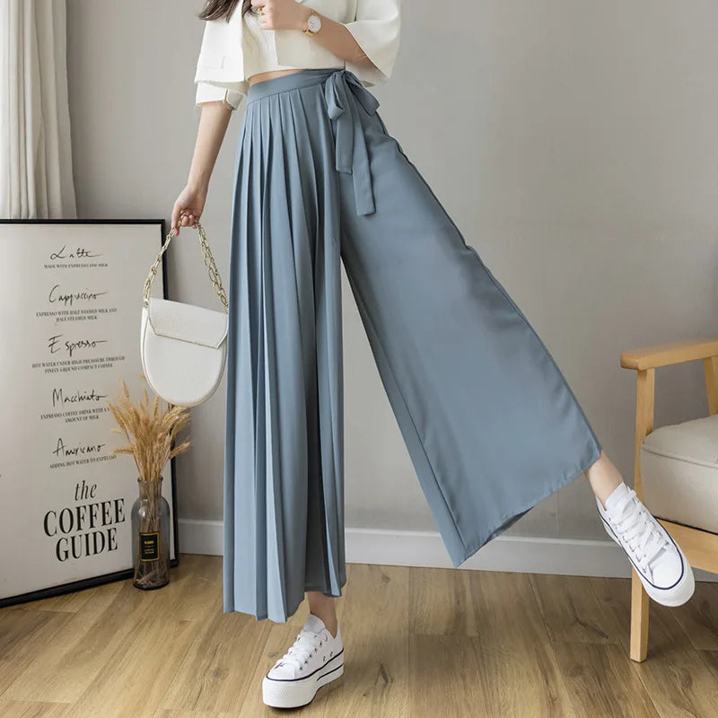 Summer Elastic Pleated Skirt Women Chiffon Trouser Skirt High Waist Casual Wide Leg Pants Fashion Streetwear Pants Pantalones
