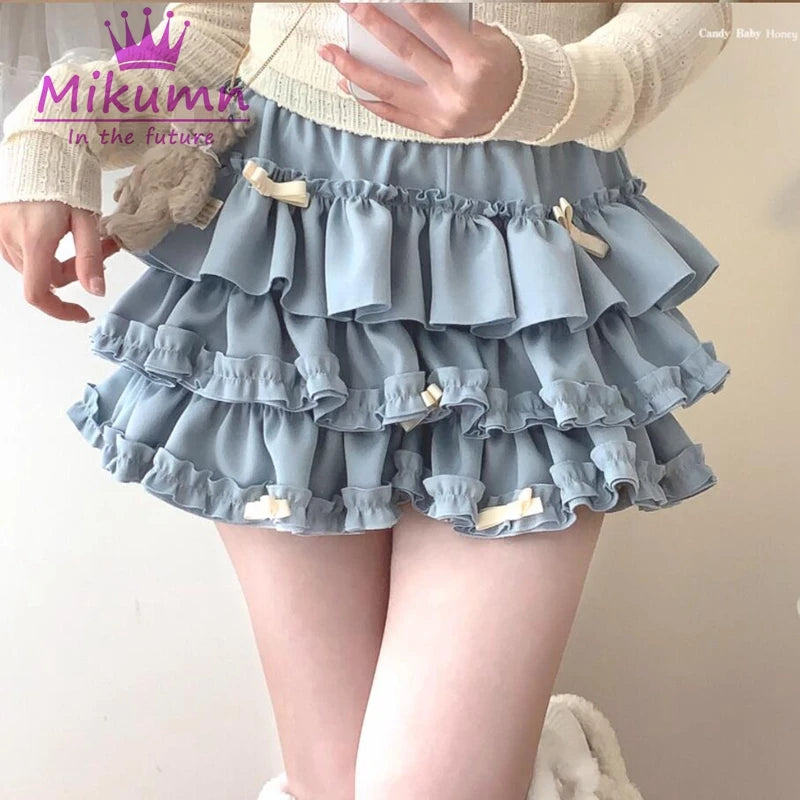 Mikumn Harajuku Sweet Bow Ruffles Mini Skirt Japanese Cute Y2k Elastic Waist Fluffy Pleated Mini Skirts Lolita Kawaii Cake Skirt