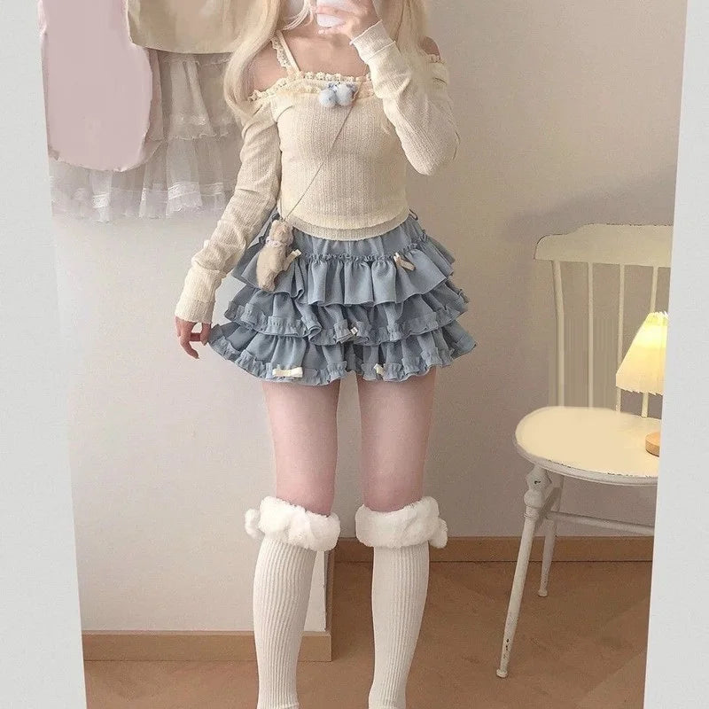 Women Short Skirt Female Elastic Waist Tutu Skirts Ruffled A-line Mini Pleated Cake Skirt