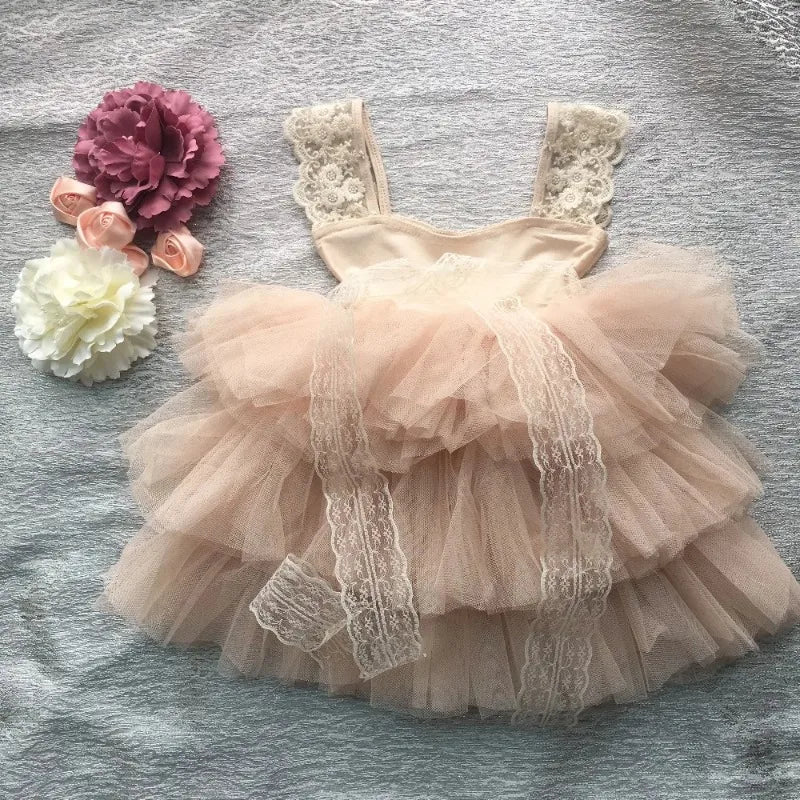Flower Girl Lace Tulle Dress Elegant Princess Weddings Birthday Party Costumes for 3m To 7y Girls Baptism Festival Ball Gown
