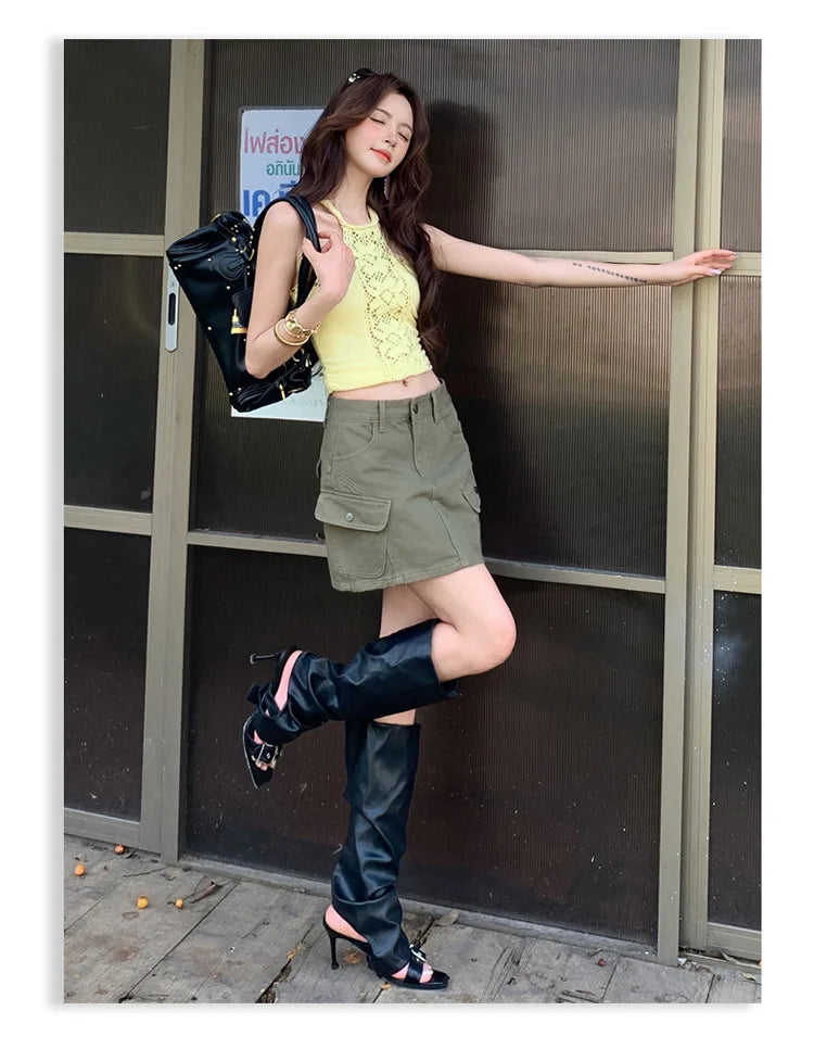 High Waist A-Line Mini Skirt Denim Skirt Women's Multi-Pocket Anti-Light Workwear Half Skirt Street Style Casual Wear