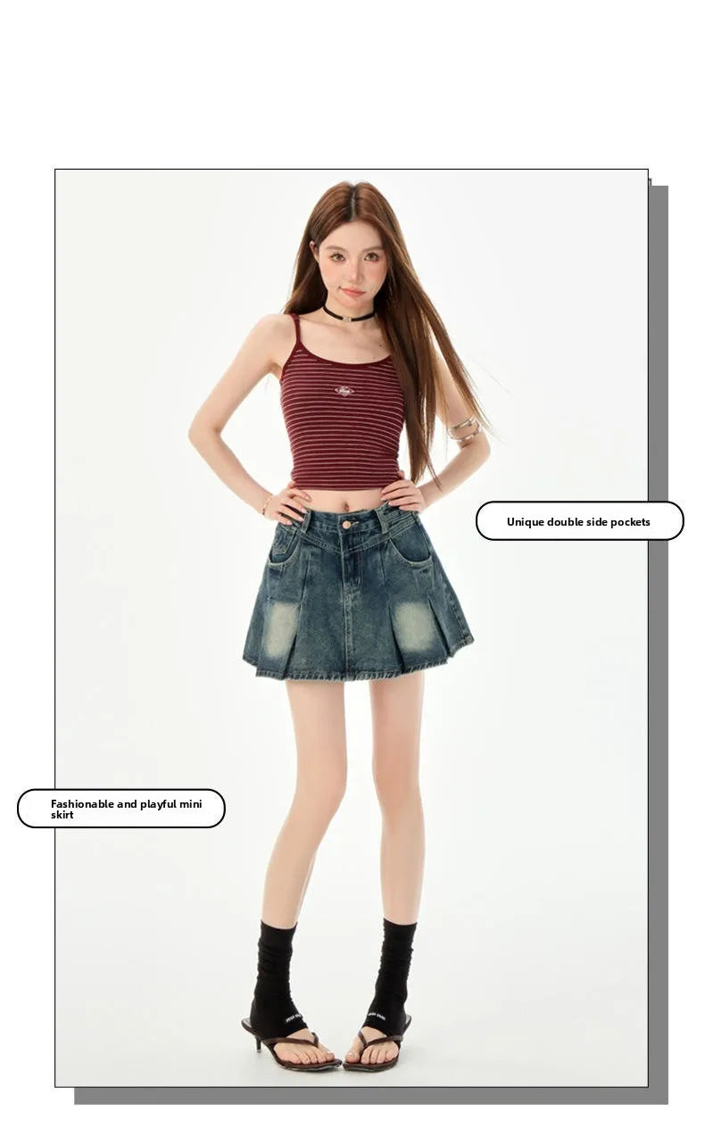 Trendy High Waist Pleated  Denim Skirt Women's Spring Summer New Lazy Style A-Line Half-length Jeans Skirts