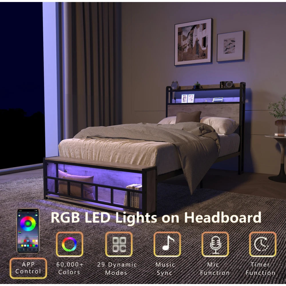 Orraves Twin Bed Frames , Headboard and Charging Station & LED Light for Bedroom, Solid and Stable, Noise Free, No Box Spring Needed, Easy Assembly