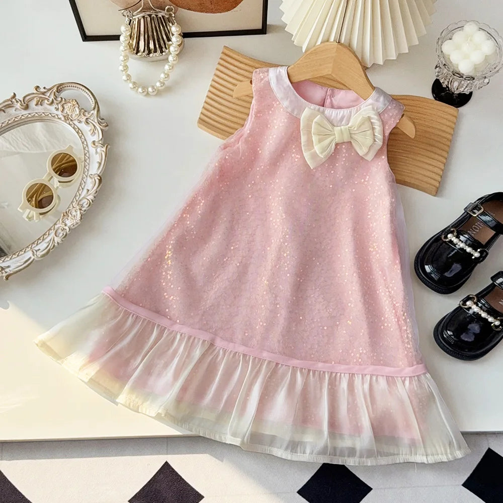 Bear Leader Bow Decoration Pink Girls Dress Summer New Sleeveless Mesh Sequin Princess Dresses Birthday Party Kids Clothes