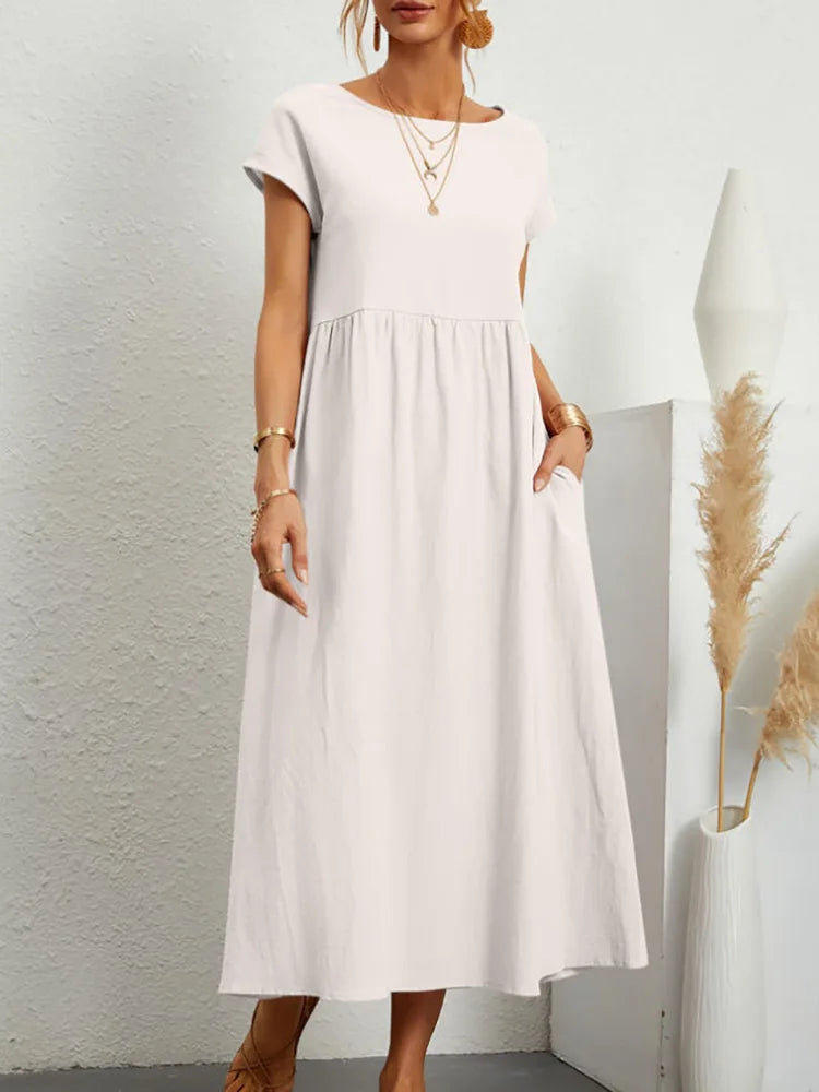Premium Elegant Solid Cotton Linen Dress Summer Midi with Pockets Loose Fit Casual Crew Neck Short Sleeve for Beach Travel