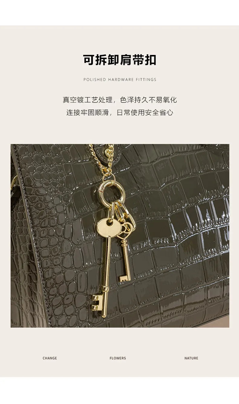 Shiny Crocodile Pattern Top-Handle Bag Women Glossy Patent Crossbody Shoulder Bag Elegant Tote Satchel with Key Pendant