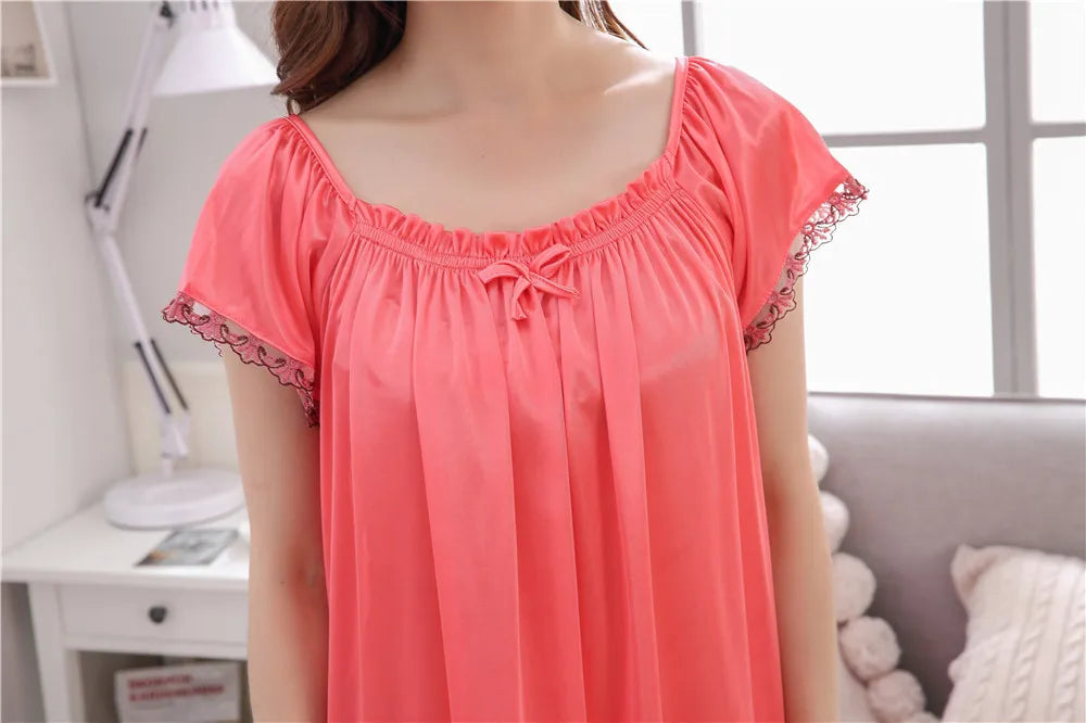 2026 New Women's Summer Imitation Silk Sleeping Skirt Multi Colored Short Sleeved Home Clothes Ice Silk Pajama Dress
