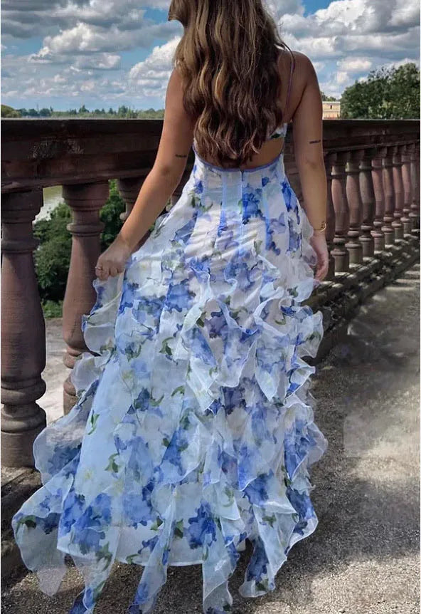 Elegant Boho Women's Summer Party Long Dress Sexy Floral Print Spaghetti Straps Backless Sleeveless Beach Sundress Maxi Dresses