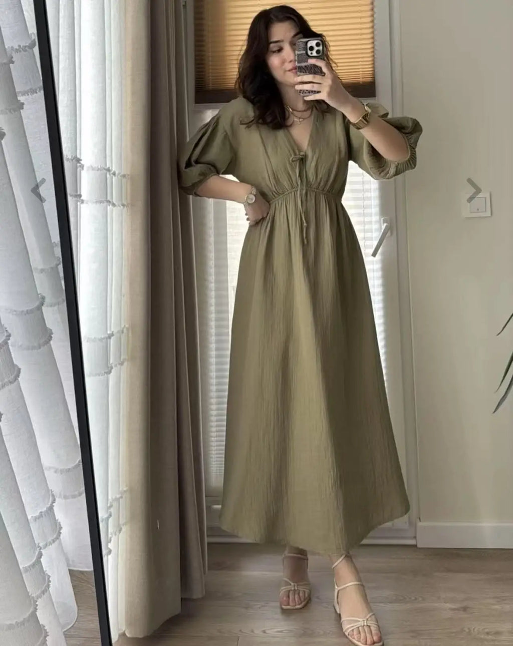 Dress Women Dresses A Line Puff Sleeve Vestidos V Neck Elastic Waist Elegant Mid Length Solid Y2k Streetwear Work Lace Up Summer