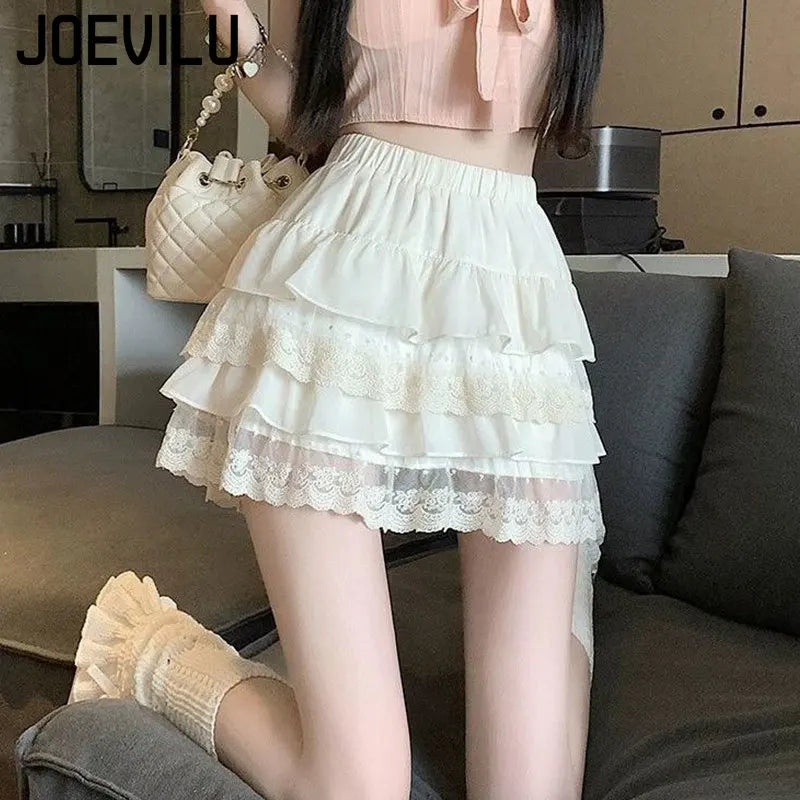 JOEVILU White Tutu Skirt A-line Elastic High Waist Mini Skirts Short Lace Cake Skirt Thin Summer Korean Fashion Goth Y2k Clothes