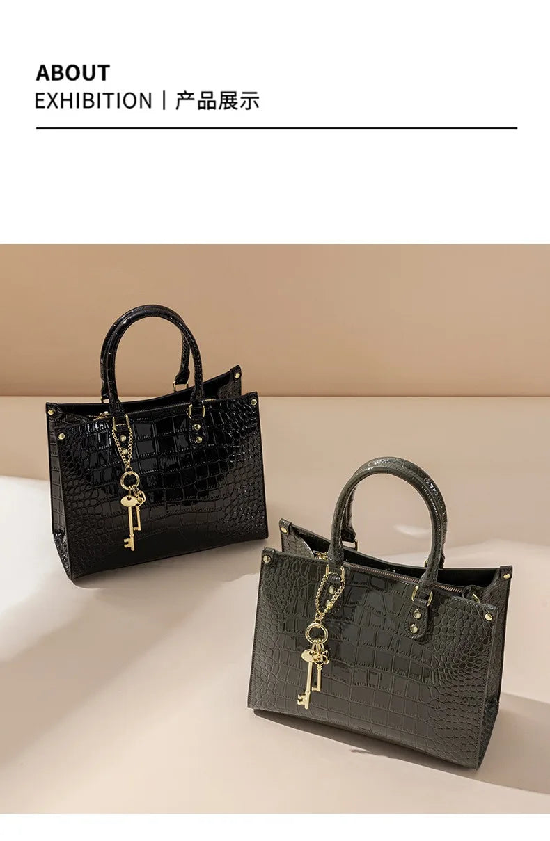 Shiny Crocodile Pattern Top-Handle Bag Women Glossy Patent Crossbody Shoulder Bag Elegant Tote Satchel with Key Pendant