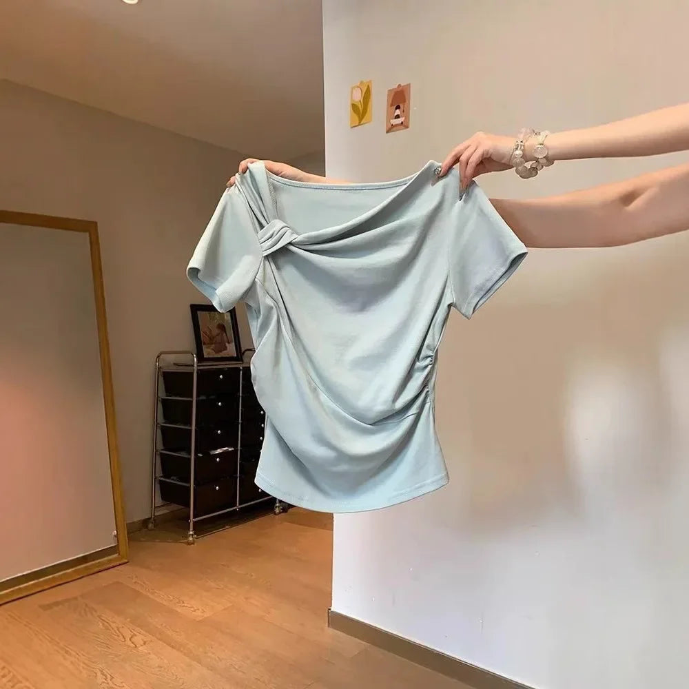 Slim Fit Short Sleeve T-Shirt Women's Shoulder Bared Folded Design Casual Versatile Summer Top for Petite Ladies
