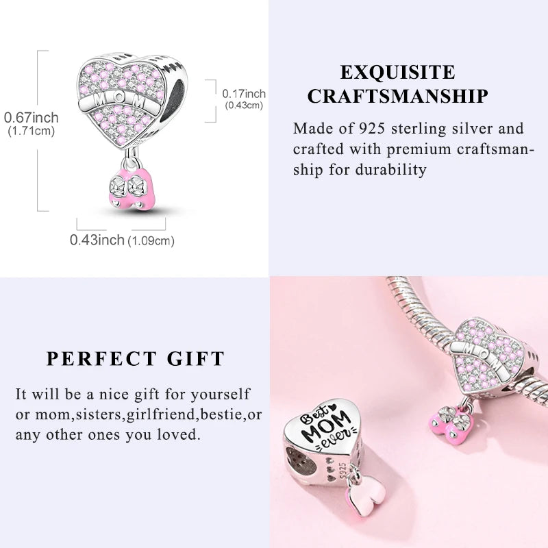 925 Sterling Silver Heart Charm Bead With Zircon Accent, GDTC Certified Fine Jewelry Gift For DIY Bracelet Makers