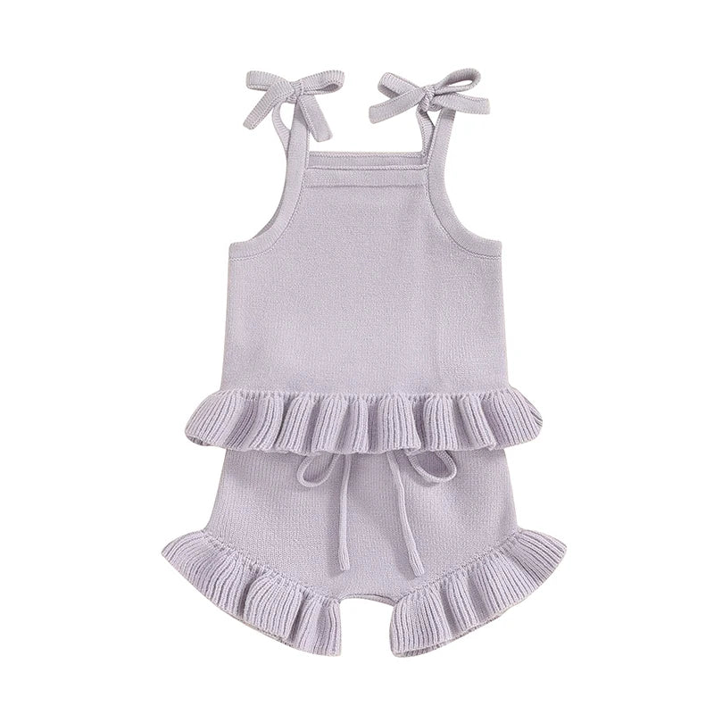 Lioraitiin Newborn Baby Girl Outfit Set 2Pcs Knit Solid Color Sleeveless Cami Tops With Elastic Waist Shorts