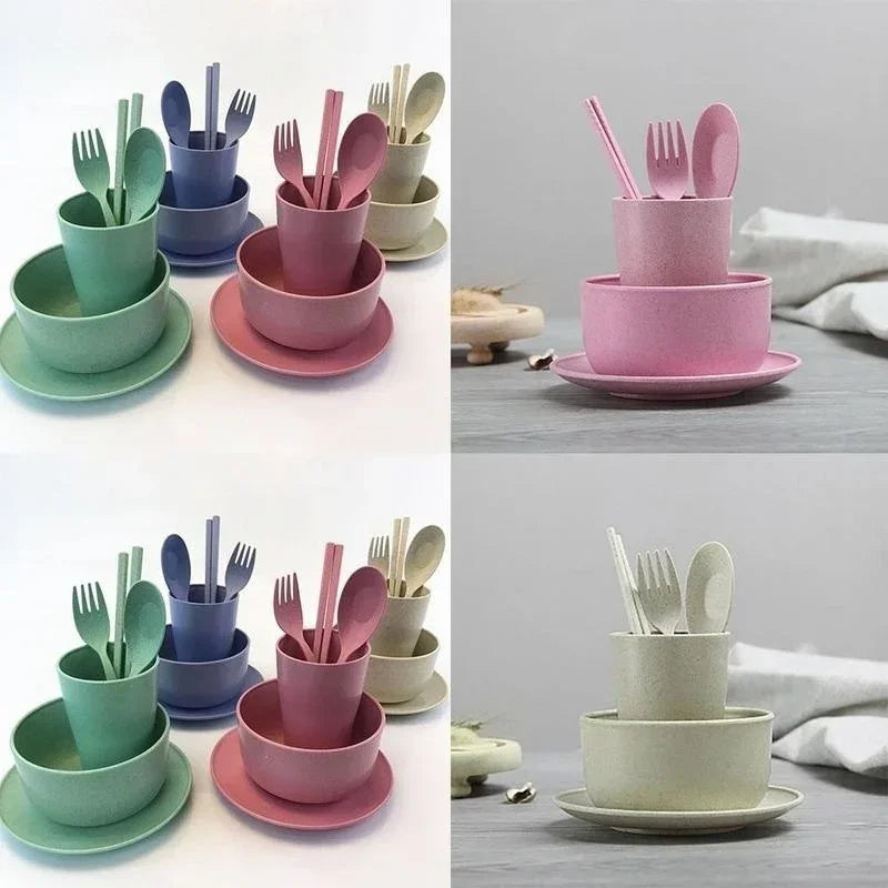 6 Pcs/Set Wheat Straw Baby Tableware Children Food Dishes Bowl Feeding Infant Learning Dinnerware Spoon Chopsticks Fork Cup New