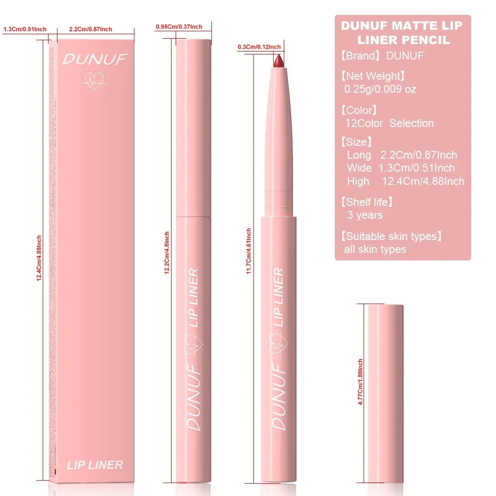 Dunuf 12 Color Velvet Matte Lipliner Pencil Waterproof Non-Stick Cup Lipstick Nude Pink Lip Liner Outline Lips Contour Makeup