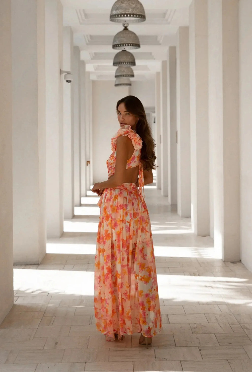 Floral Dress Women Spring Summer Deep V Neck Ruffle Hem Hollow Out Backless Maxi Dresses Bohemian Beach Sundress Outfit