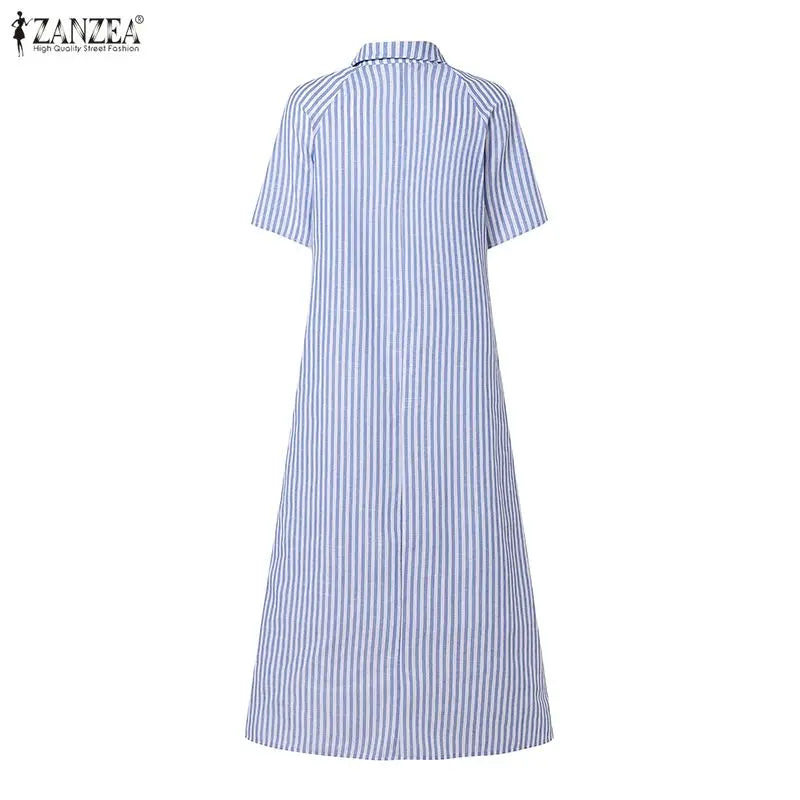 Women Summer Sundress ZANZEA Stylish Lapel Neck Striped Dress Elegant Short Sleeve Ruffled Hem Work Midi Dresses Baggy Robe 2026