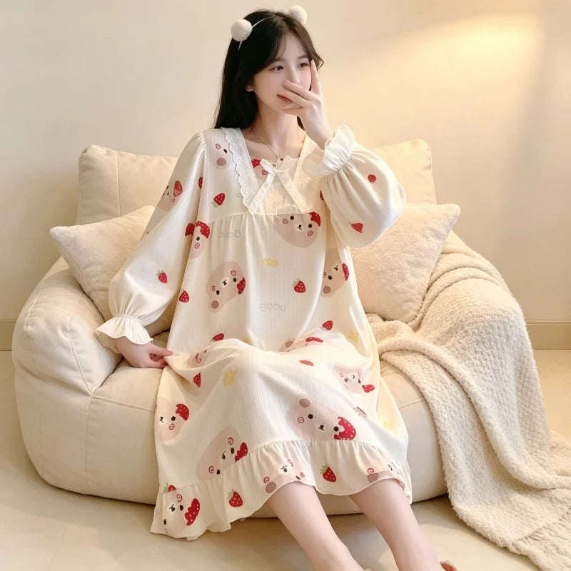 Kawaii Bear Strawberry Print Women Pajamas, Long Sleeve Lace Neck Loose Sleep Set, Casual Daily Home Loungewea