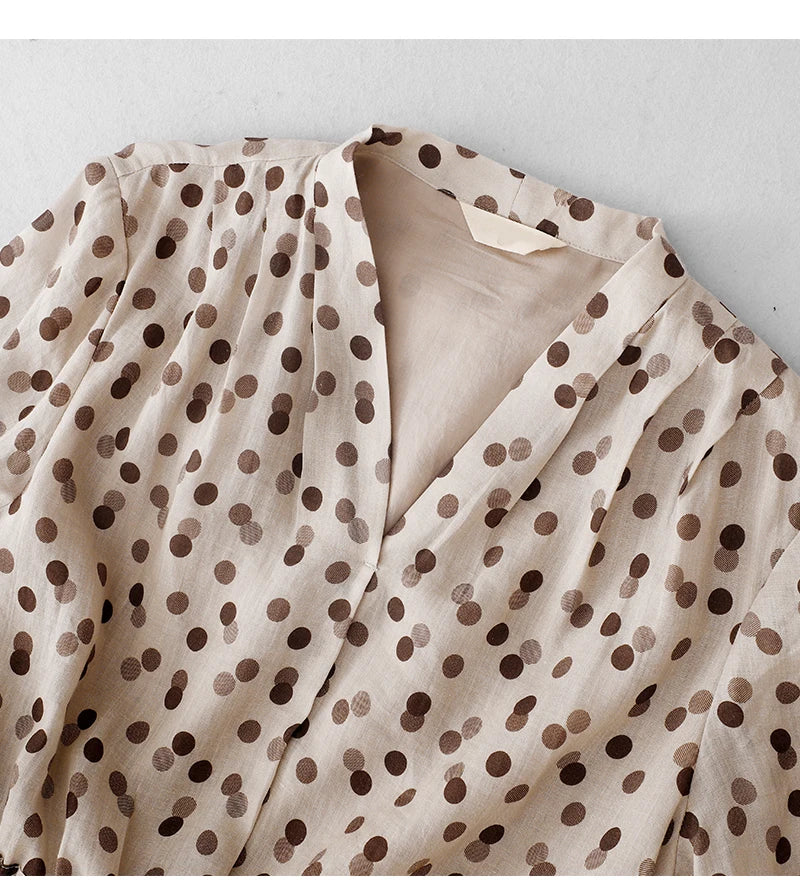 Elegant Large Size Slimming Women's Spring Summer New Hemp Polka Dot Print Artistic Temperament Dress Cotton Linen Material