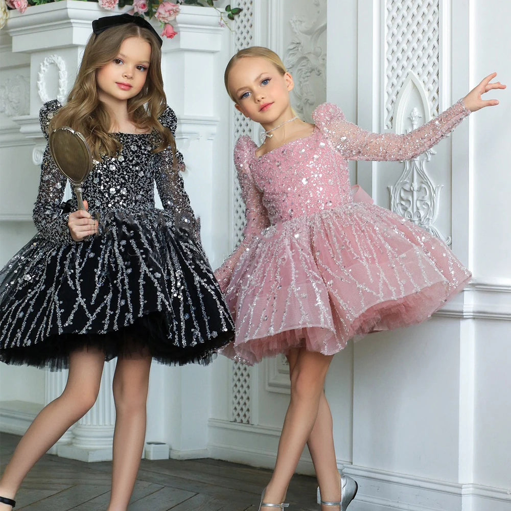 Customized  Flower Girl Dress for Wedding Sequins Full Sleeves Puffy Pageant Baby Gown First Communion Birthday Party  Dress