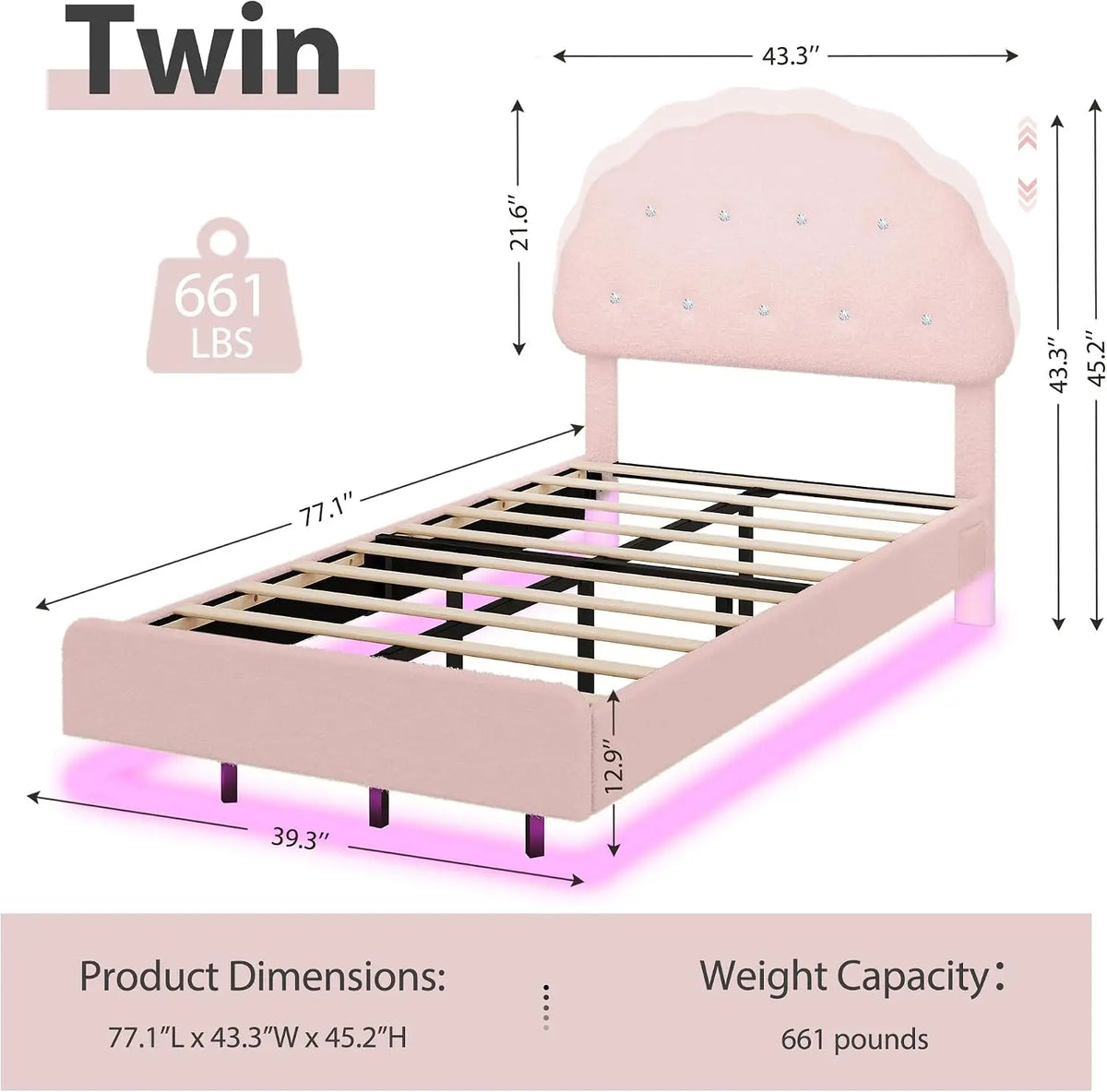 Twin Size Bed Frame with Headboard and LED Lights, Cloud Floating Upholstered Bed Frames with Adjustable Headboard and Raised