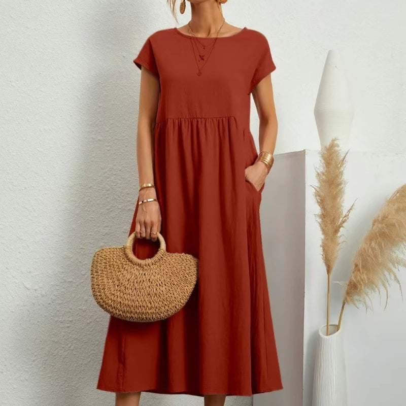 Premium Elegant Solid Cotton Linen Dress Summer Midi with Pockets Loose Fit Casual Crew Neck Short Sleeve for Beach Travel