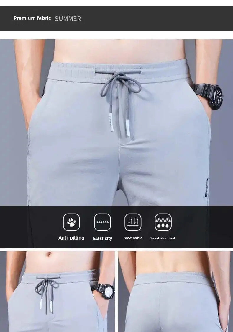 Summer Casual Ice Silk Pants Men's Trendy Large Size Long Trousers Korean Style Thin Straight Loose Sports Pants Quick Dry