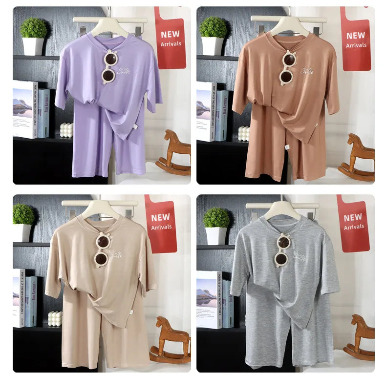2PCS Children's Lyocell Thin Homewear Clothes Summer Kids Air Conditioning Mid-length Sleeve Tops+Long Pants Pajamas Set