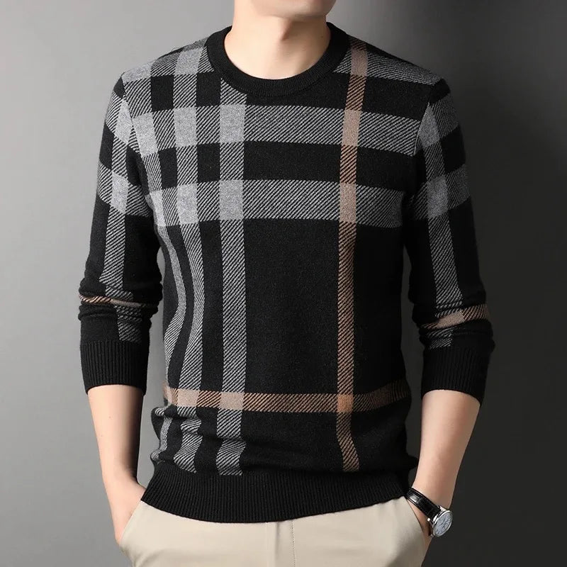 High End Luxury Pullover Men Autumn Winter Designer Brand Round Neck Striped Wool Sweater European Fashion Casual Warm Knitwear