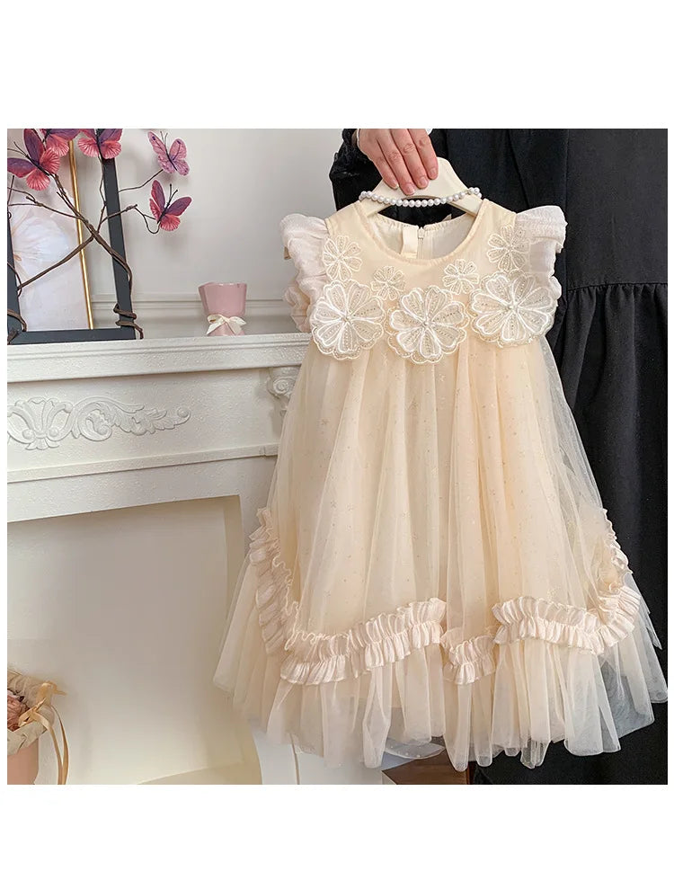 New Summer Kids Girls Lace Tulle Dress Fly Sleeve Ruffle Mesh Princess Gown Wedding Flower Girl Birthday Costume YF900